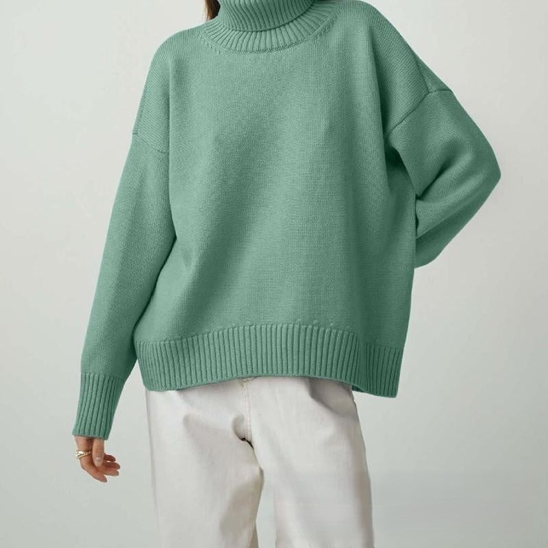 Versatile solid color high neck pullover sweater