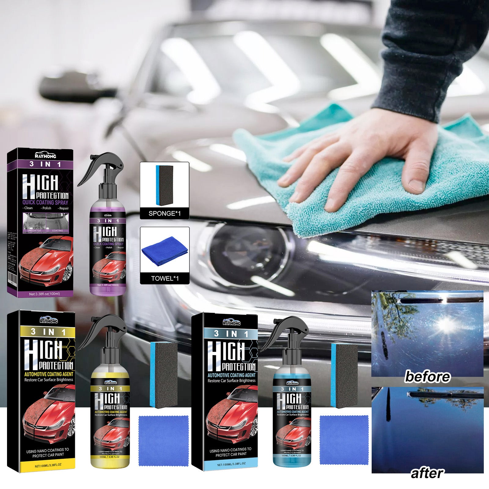Rayhong Coating Agent 3-In-1 Oil Removal Polishing Protection Repair Scratches Car Paint Cleaning And Maintenance Coating
