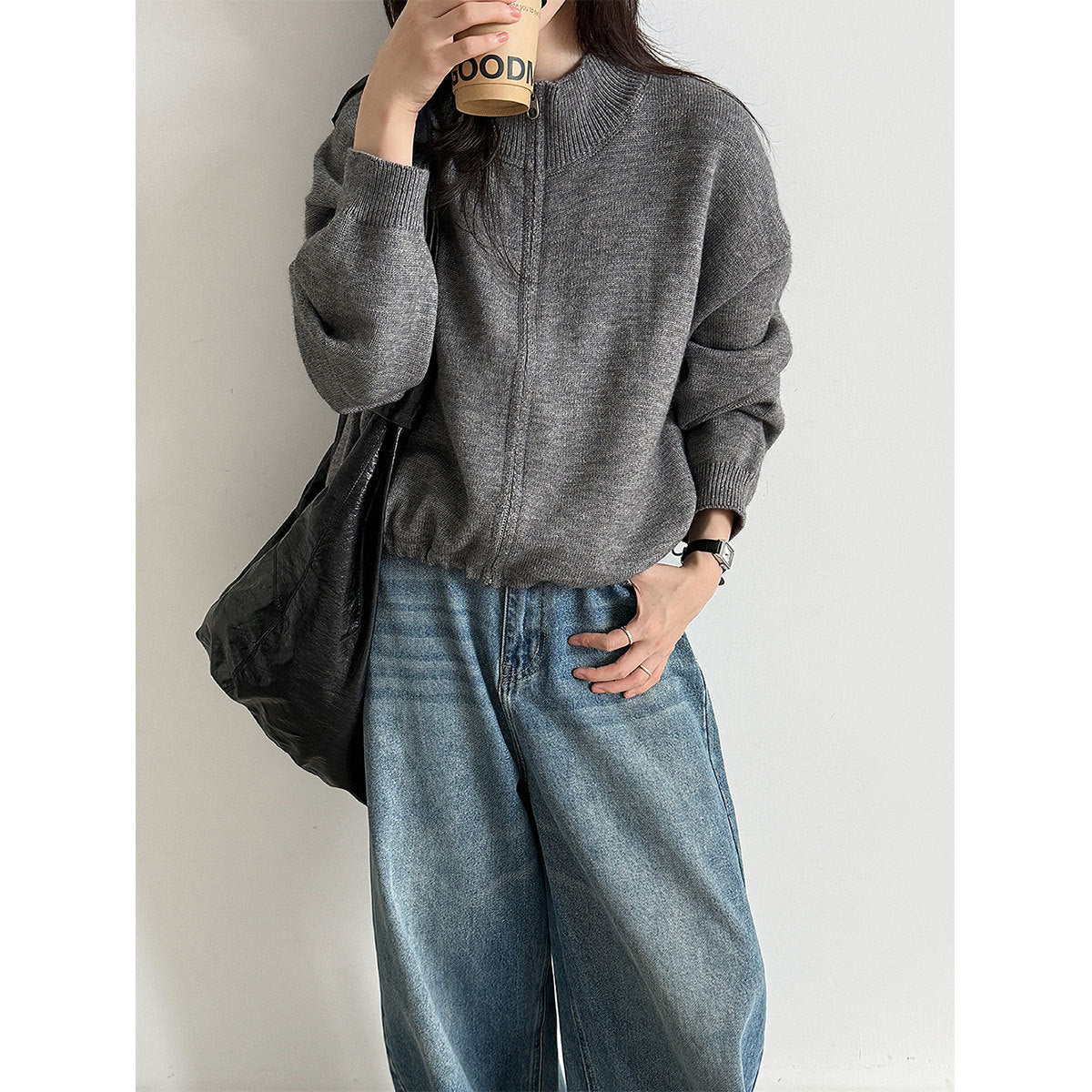 Deer West Stand Collar Zipper Drawstring Knit Sweater Women's  Autumn New Cardigan Versatile Hoodie Outerwear