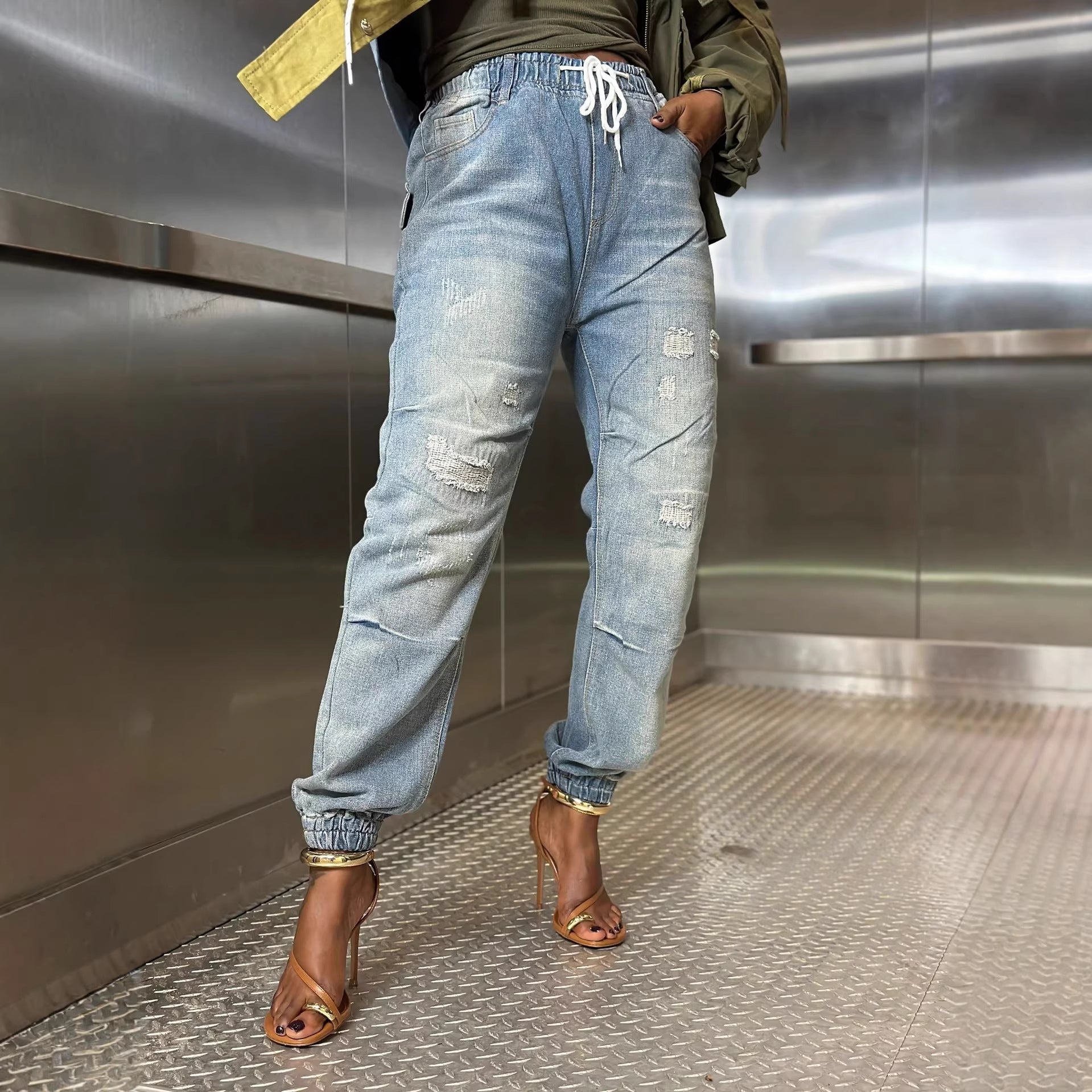 Casual Washed Patchwork Elastic Waist Drawstring Cuffed Jeans Pants
