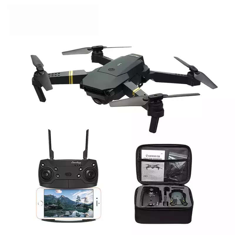 Drone Pieghevole E58 1080P con fotocamera, telecomando e confezione per trasporto.