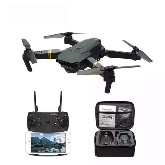 Drone Pieghevole E58 1080P con fotocamera, telecomando e confezione per trasporto.