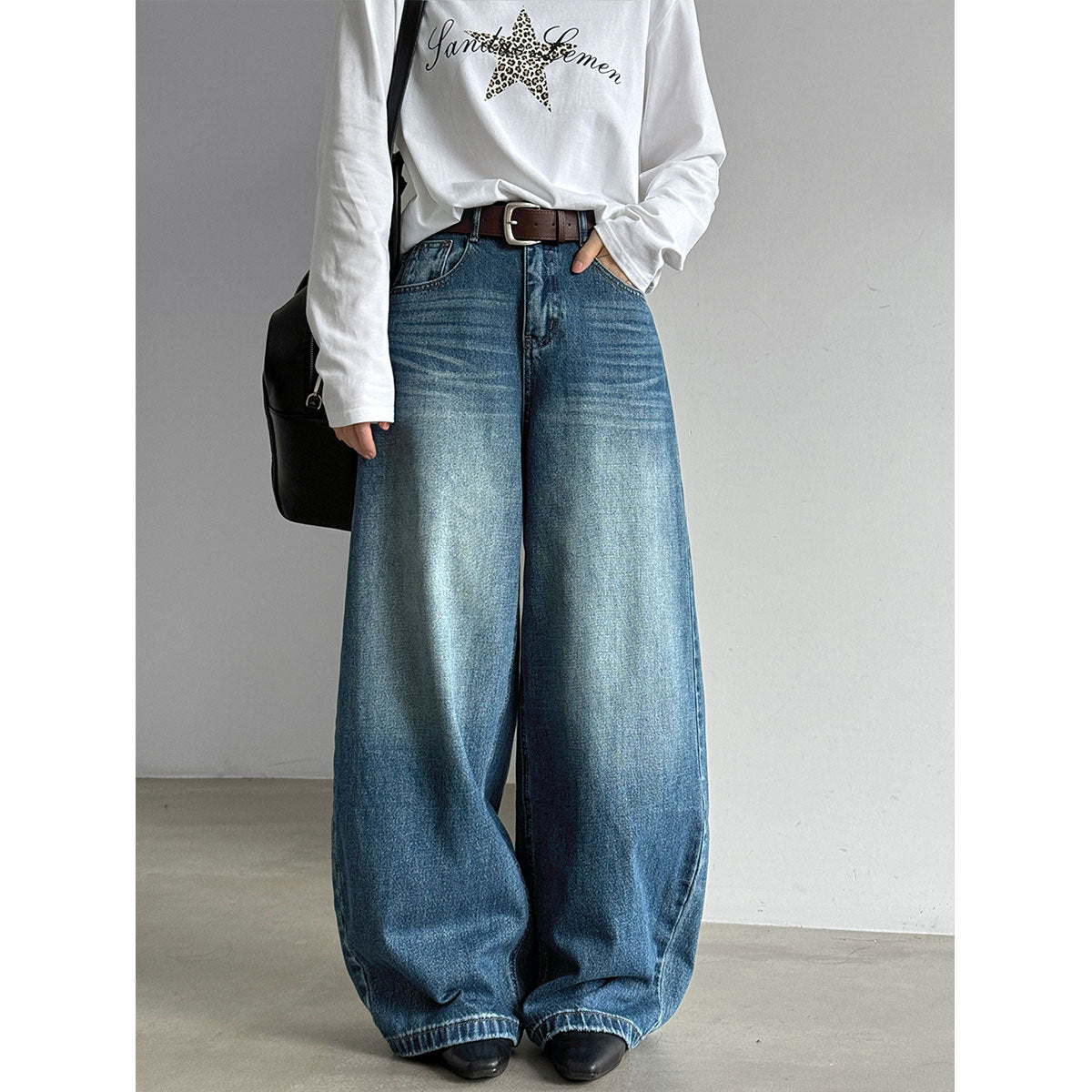 Cotton Vintage High-Waisted Wide-Leg Jeans for Women, Autumn Washed Gradient Straight Leg Long Pants