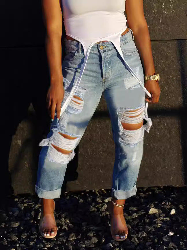 Street High-Waisted Ripped Nine-Panel Jeans