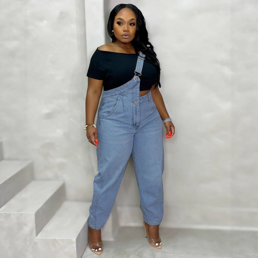 Single Shoulder Strap Washed Straight Leg Jeans Pants