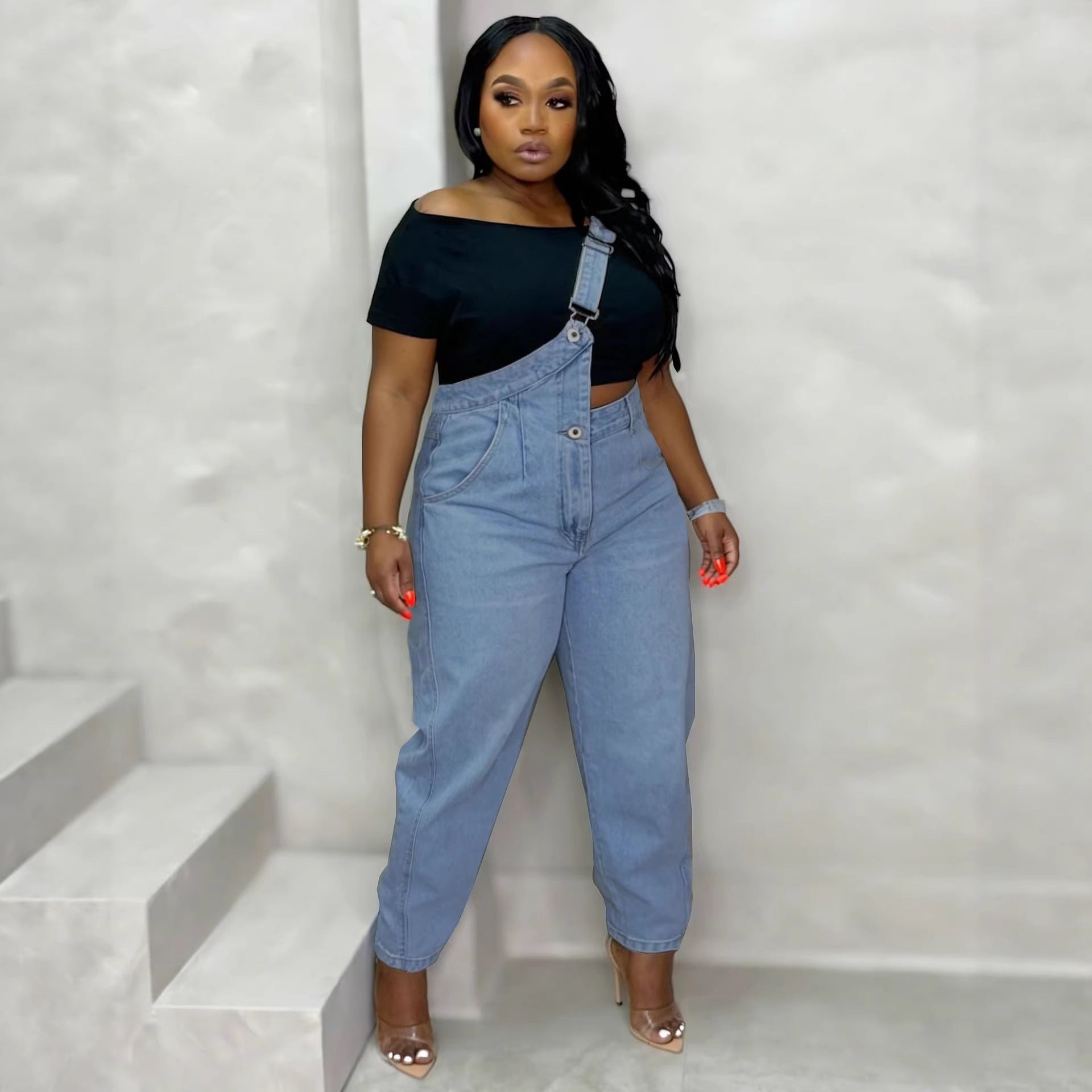 Single Shoulder Strap Washed Straight Leg Jeans Pants