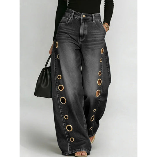 New jeans for women, metal eyelet design, casual loose high-waisted wide-leg jeans