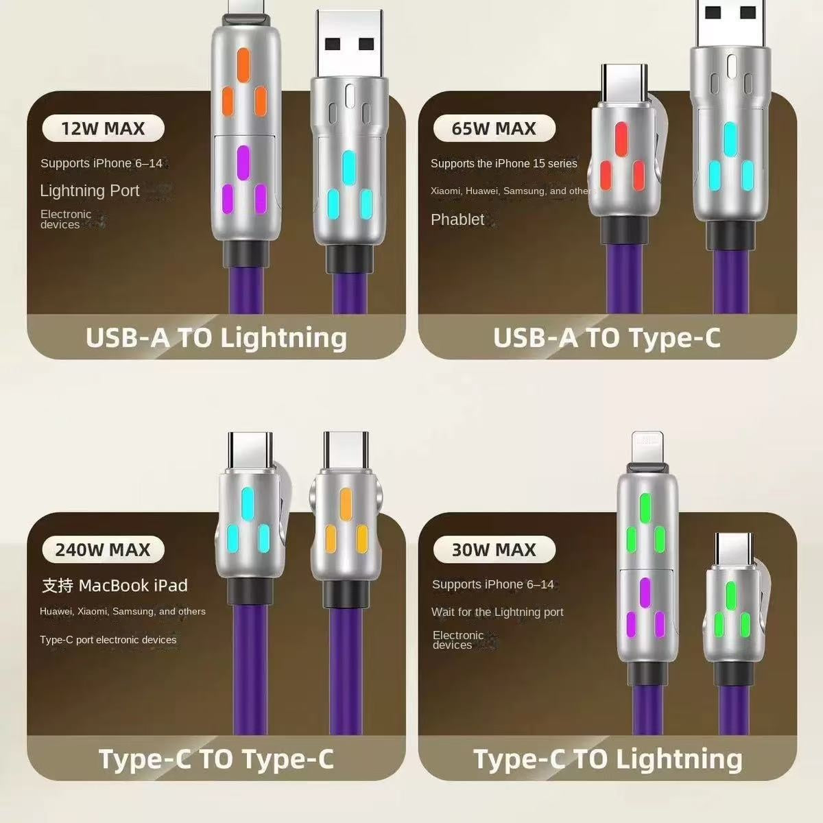 Colorful LED Silicone 4-in-1 Charging Cable with Zinc Alloy PD 100W Fast Charging, 6A Car Charger, Multi-functional Universal Compatible Charging Cable