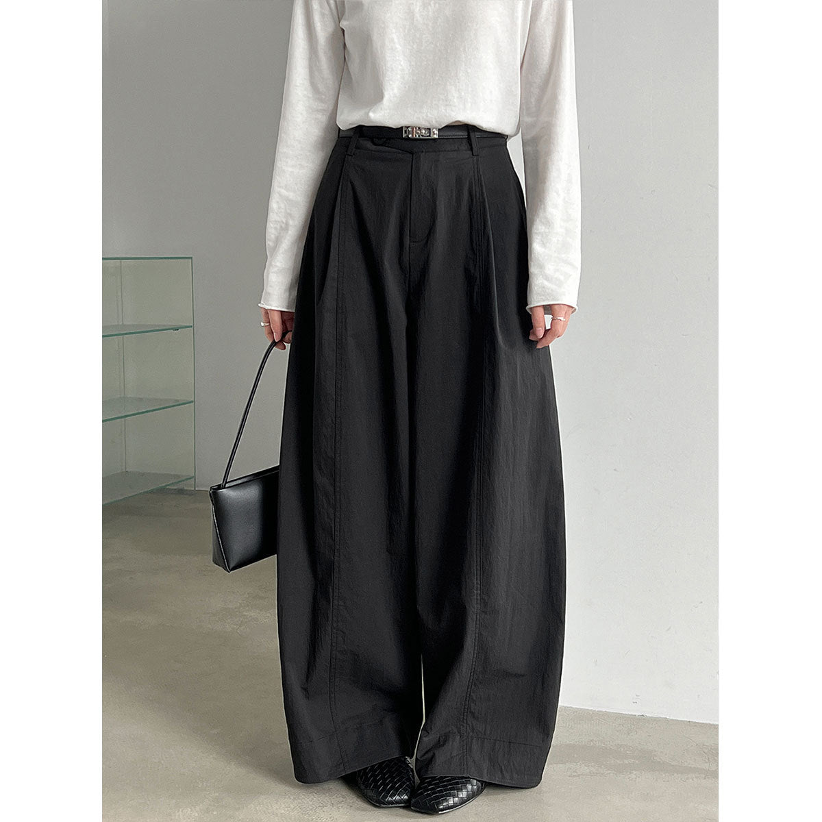 Diagonal Placket Patchwork Pleated Wide Leg Pants for Women  Casual Straight Fit Trousers