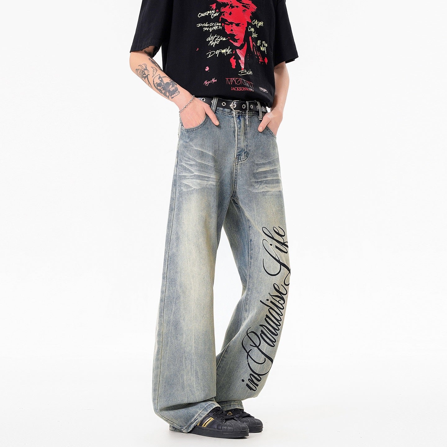 Stylish Printed Lightning Pattern Denim Pants for Men