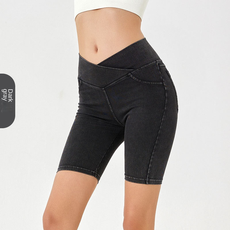 High-Waisted Denim Shorts for Women, Stretchy and Slimming, Casual Wear with Pockets, Fitness 5-Panel Cycling Pants