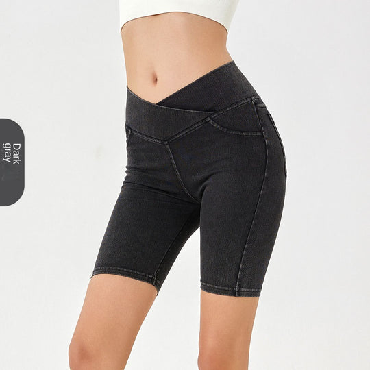 High-Waisted Denim Shorts for Women, Stretchy and Slimming, Casual Wear with Pockets, Fitness 5-Panel Cycling Pants