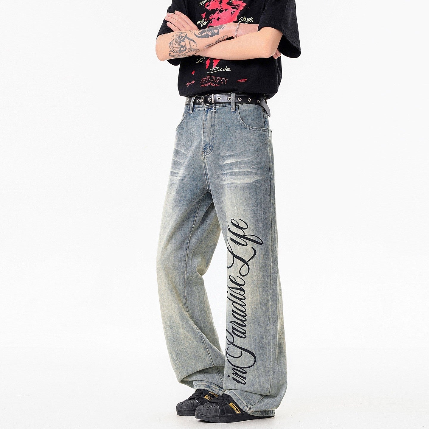 Stylish Printed Lightning Pattern Denim Pants for Men