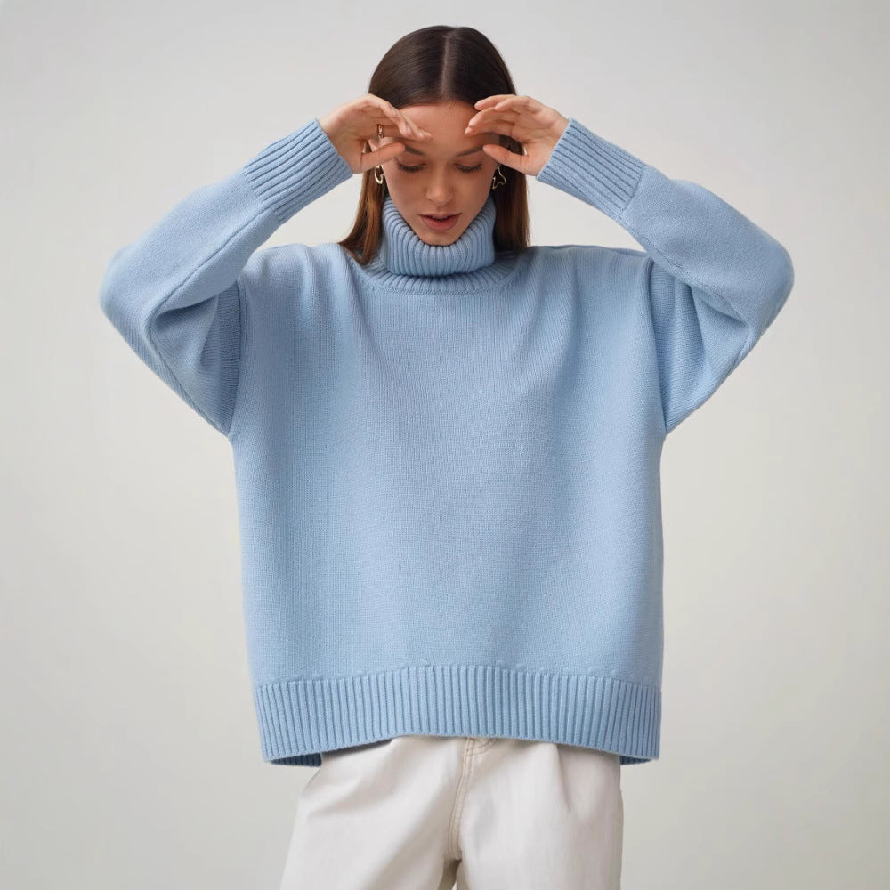 Versatile solid color high neck pullover sweater