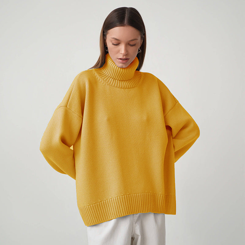 Versatile solid color high neck pullover sweater