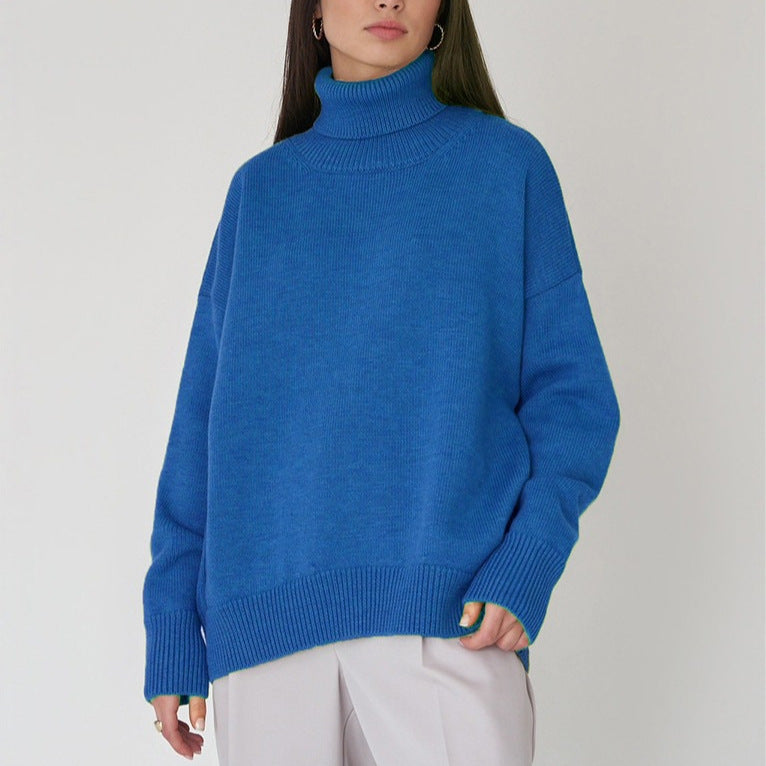 Versatile solid color high neck pullover sweater