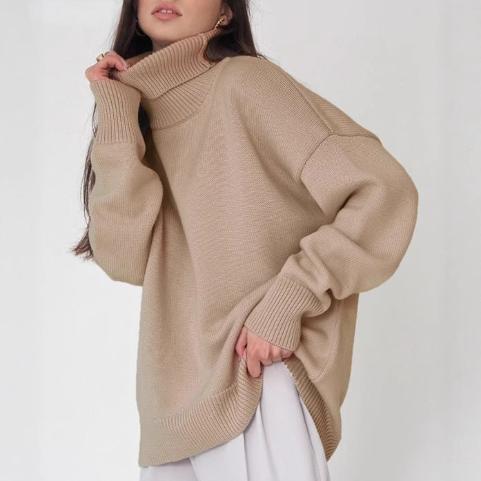 Versatile solid color high neck pullover sweater