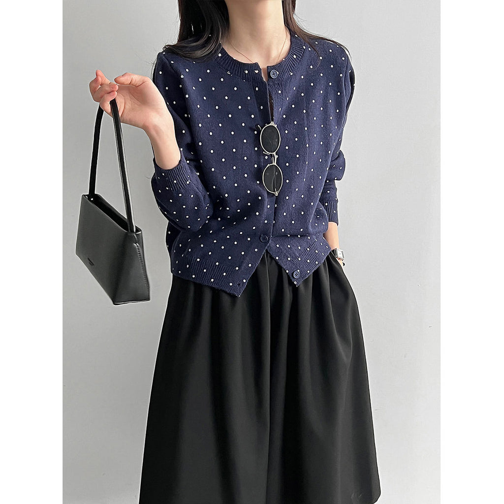 Lace West  Polka Dot Knit Cardigan for Women, Inner Sweater, Versatile Outerwear Top
