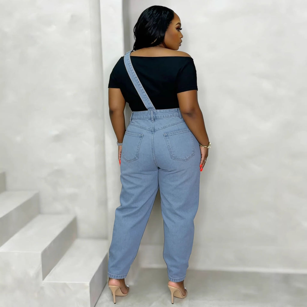 Single Shoulder Strap Washed Straight Leg Jeans Pants