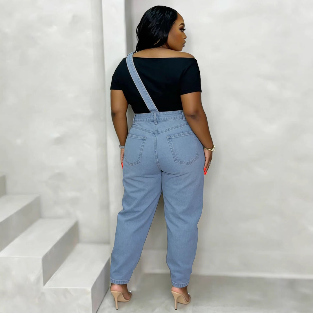 Single Shoulder Strap Washed Straight Leg Jeans Pants
