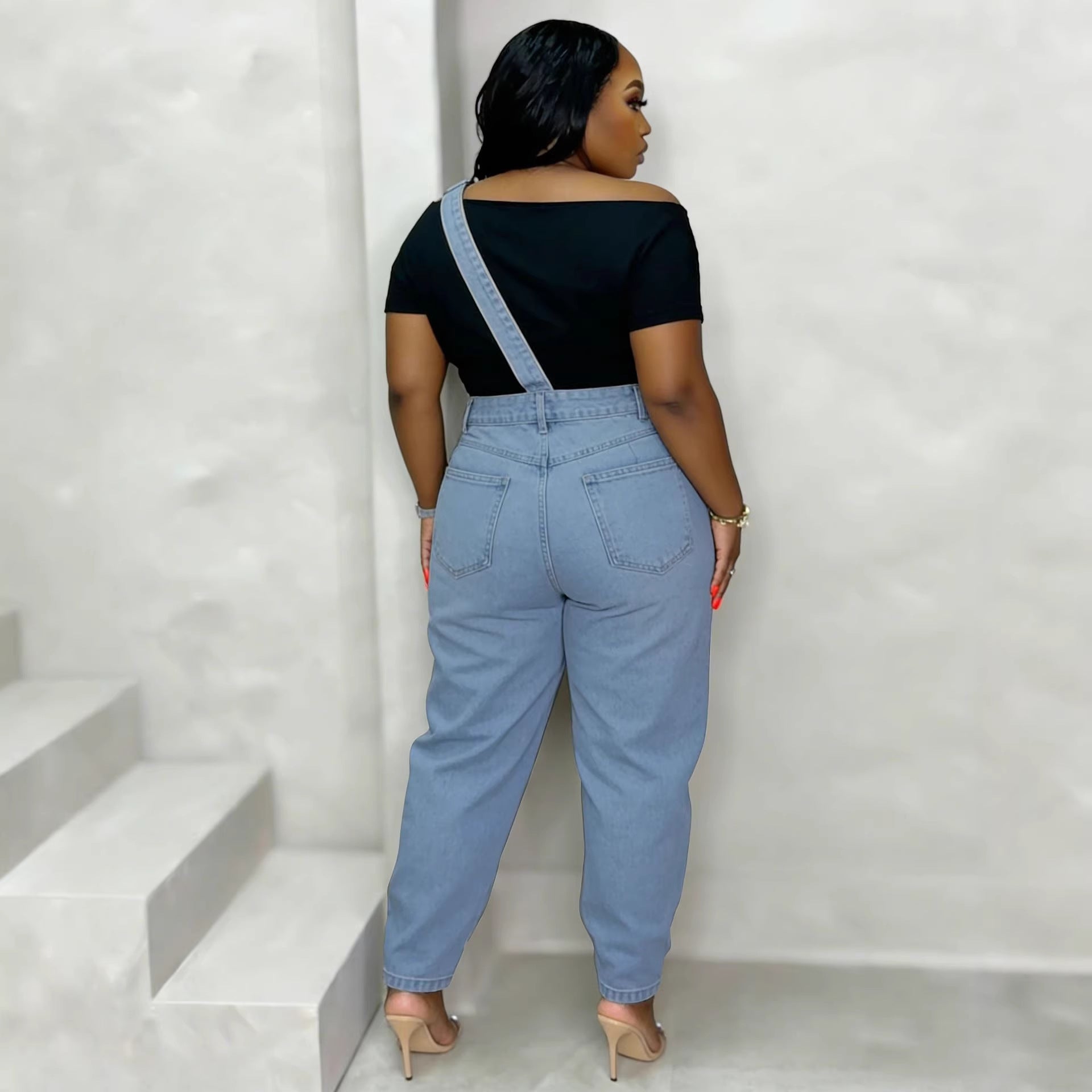 Single Shoulder Strap Washed Straight Leg Jeans Pants