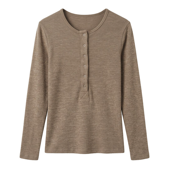Feminine Henley Neck Long Sleeve T-Shirt for Women, Fitted Slim Design, Buttoned Crew Neck, Regular Shoulder