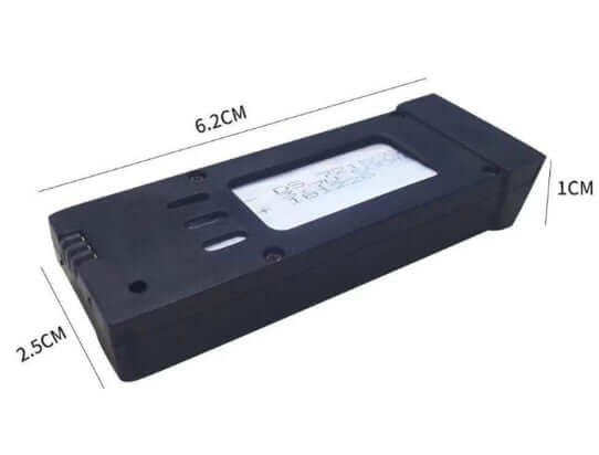 Batteria per drone pieghevole E58, dimensioni 6.2CM x 2.5CM x 1CM, compatibile e sostituibile.