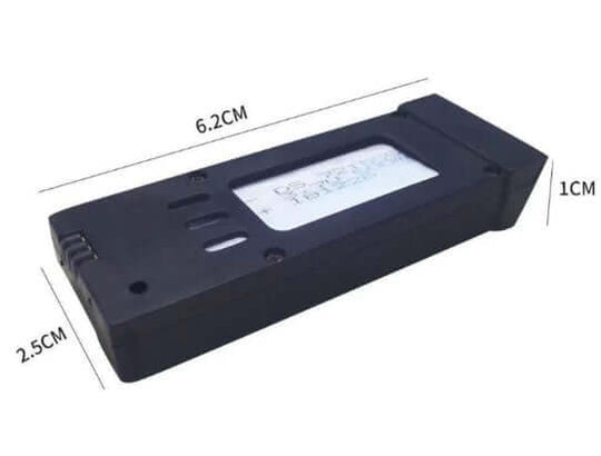 Batteria per drone pieghevole E58, dimensioni 6.2CM x 2.5CM x 1CM, compatibile e sostituibile.