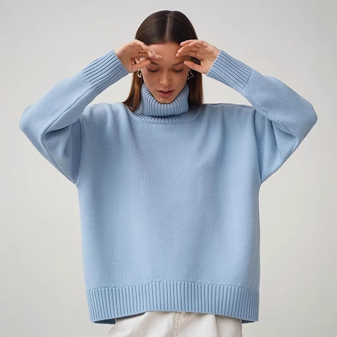Versatile solid color high neck pullover sweater