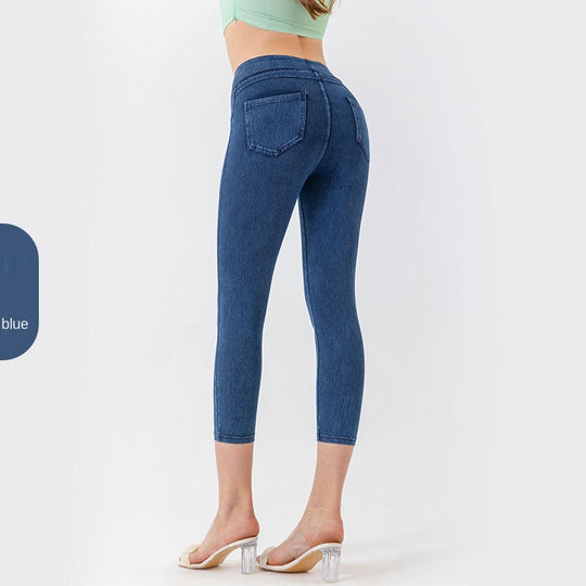 Yoga Denim Capri Pants for Women Low Waist Slim Fit High Elastic Tummy Control Fitness Casual Pants