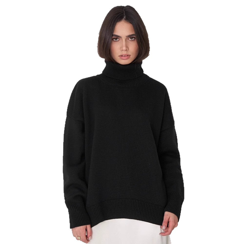 Versatile solid color high neck pullover sweater