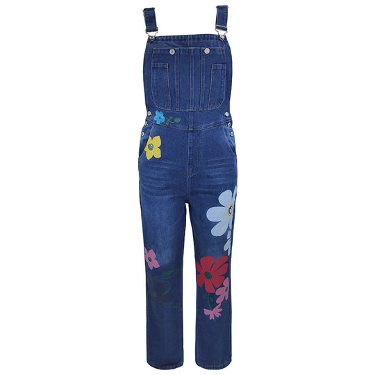 Summer Printed Overalls Denim Pants with Ripped Details, Loose Straight Leg Casual Stylish Versatile Long Pants for Women