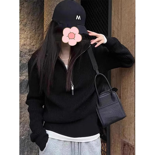 Half zip high neck sweater for women in autumn and winter