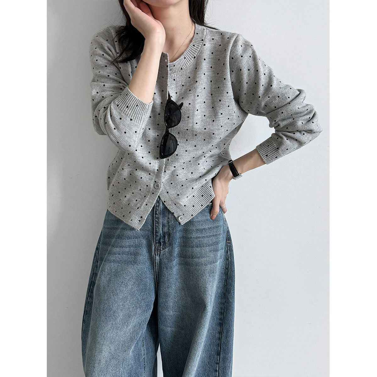 Lace West  Polka Dot Knit Cardigan for Women, Inner Sweater, Versatile Outerwear Top
