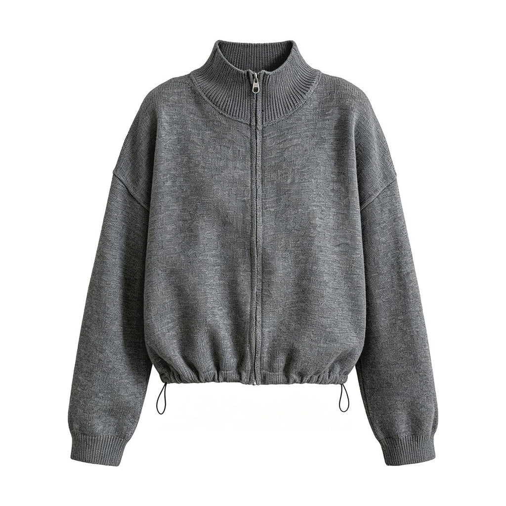 Deer West Stand Collar Zipper Drawstring Knit Sweater Women's  Autumn New Cardigan Versatile Hoodie Outerwear