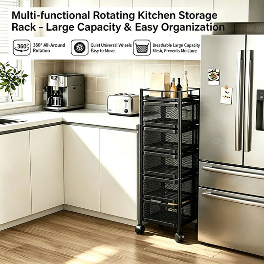 360° Rotating Storage Rack Kitchen Organizer Vegetable Basket Removable Cart Trolley Shelf 94cm
