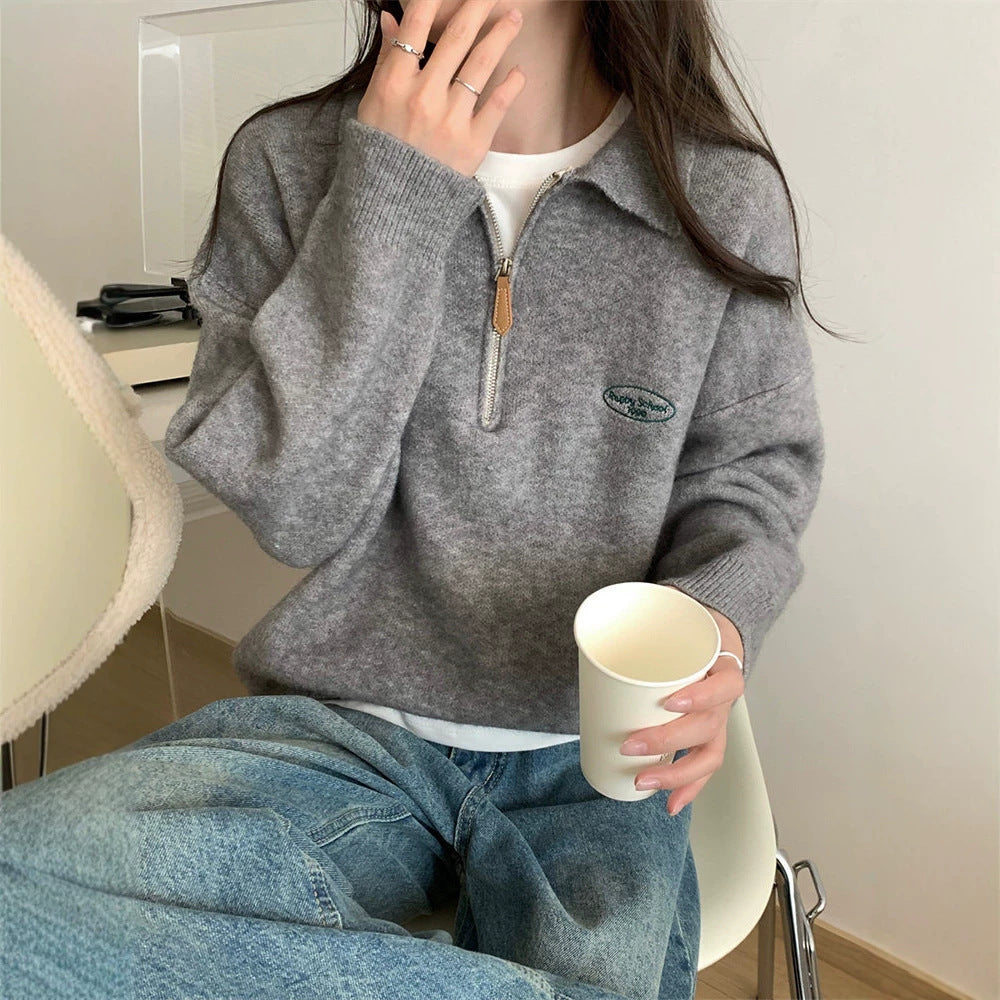 maglione donna con collo polo e zip