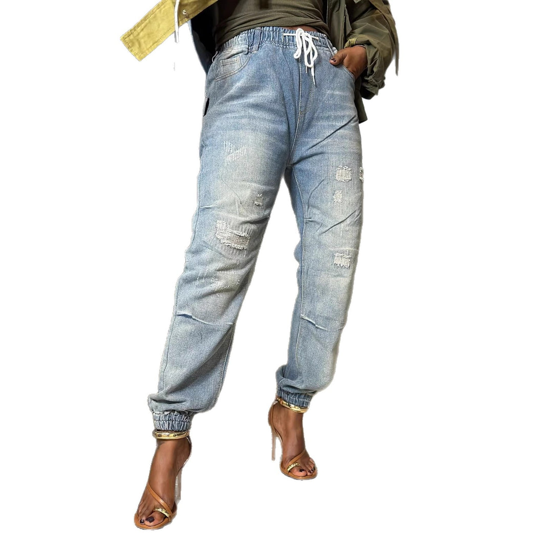 Casual Washed Patchwork Elastic Waist Drawstring Cuffed Jeans Pants