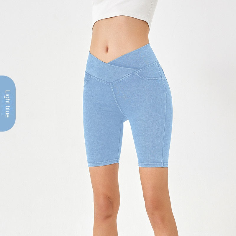 High-Waisted Denim Shorts for Women, Stretchy and Slimming, Casual Wear with Pockets, Fitness 5-Panel Cycling Pants