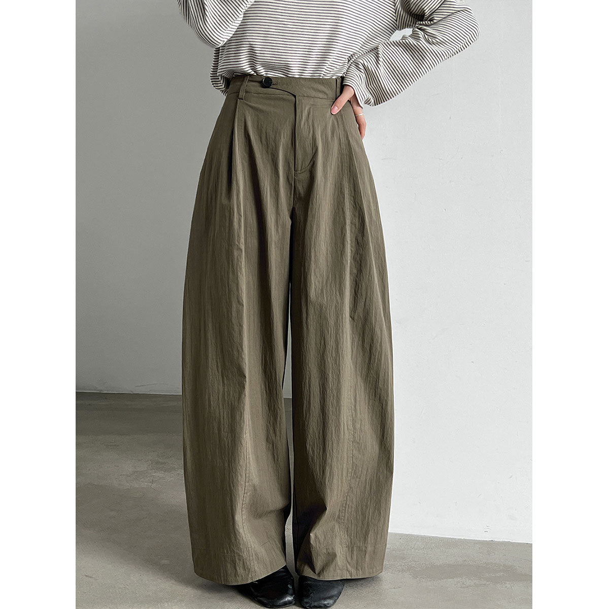 Diagonal Placket Patchwork Pleated Wide Leg Pants for Women  Casual Straight Fit Trousers