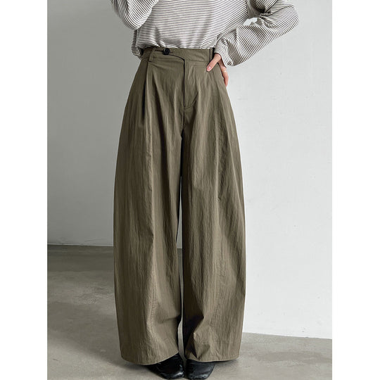 Diagonal Placket Patchwork Pleated Wide Leg Pants for Women  Casual Straight Fit Trousers