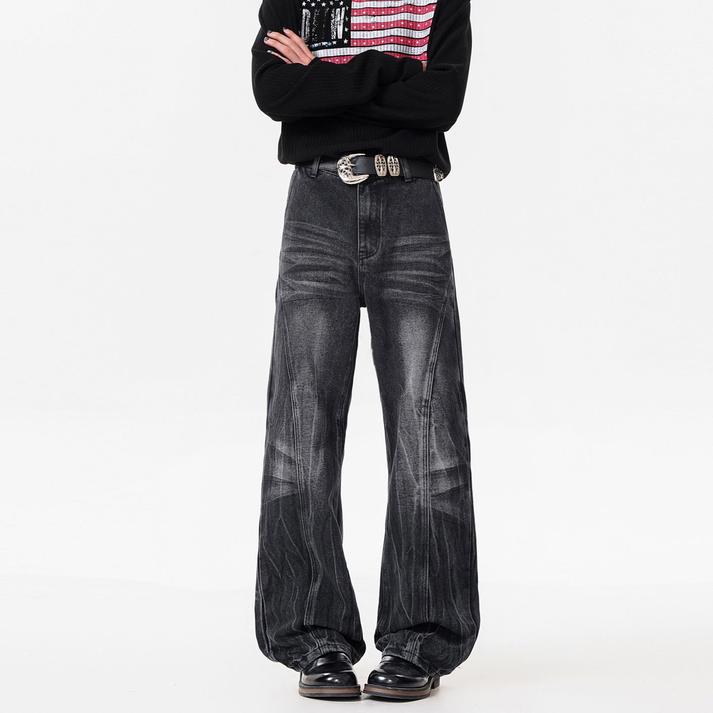 Retro Washed Distressed Flared Jeans Men