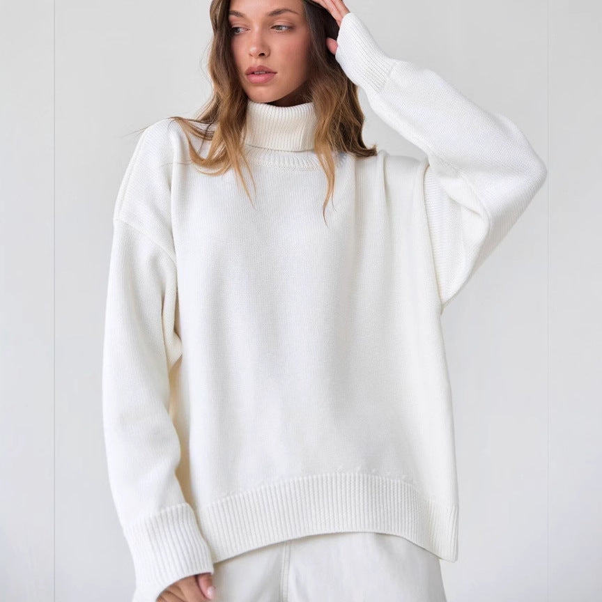 Versatile solid color high neck pullover sweater