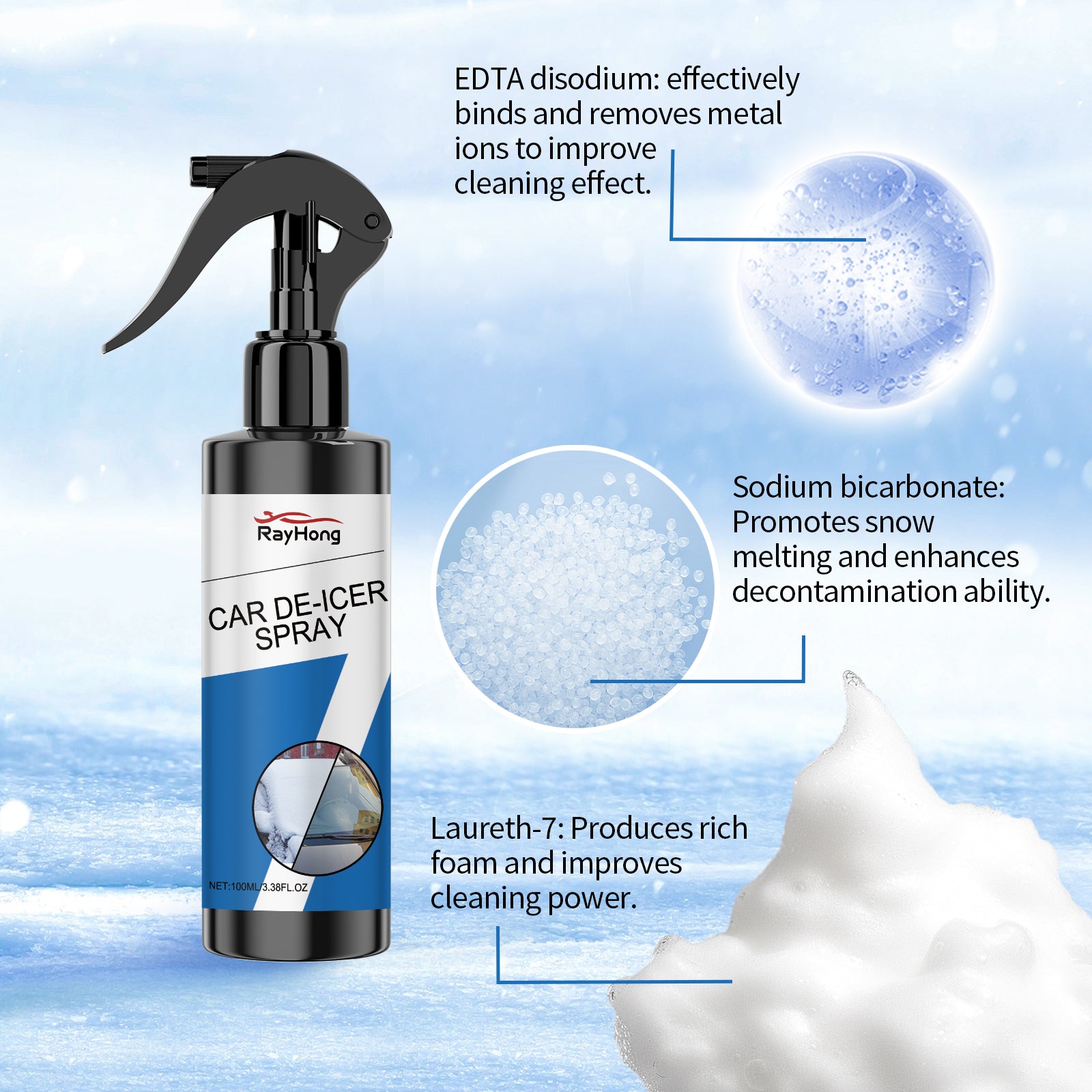 Rayhong Car De-Icer Spray, Car Windshield Windows Fast Defrosting Snow Melting Ice Spray Magic Device