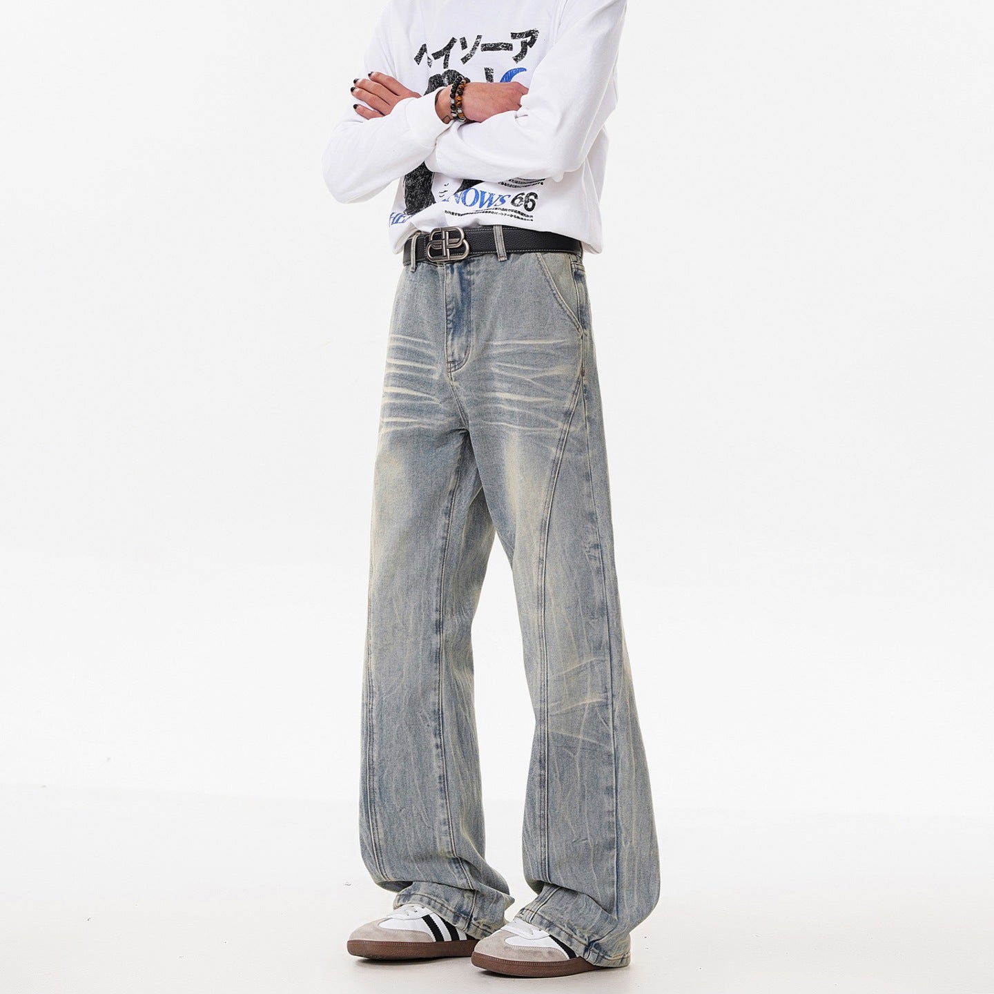 Retro Washed Distressed Flared Jeans Men