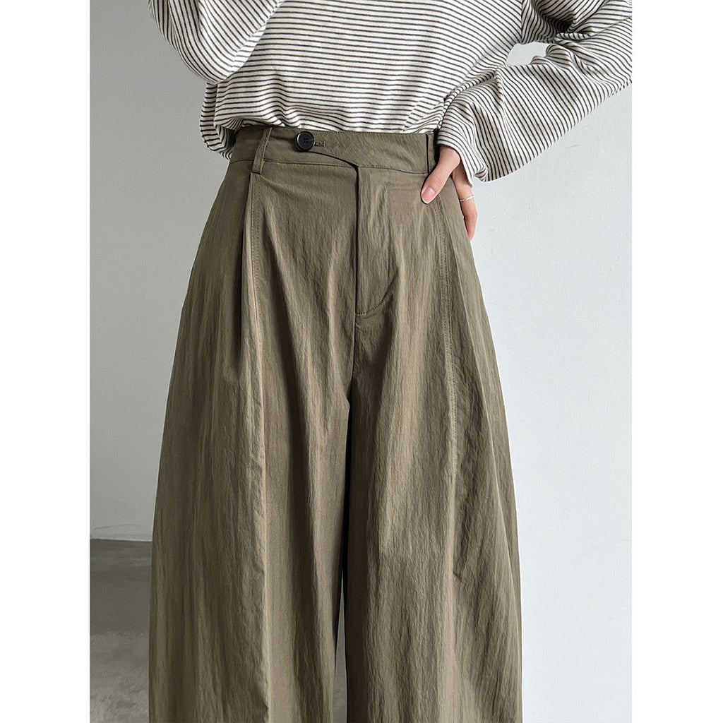 Diagonal Placket Patchwork Pleated Wide Leg Pants for Women  Casual Straight Fit Trousers