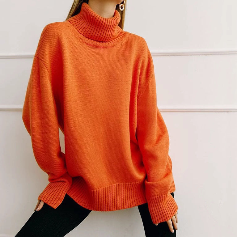 Versatile solid color high neck pullover sweater