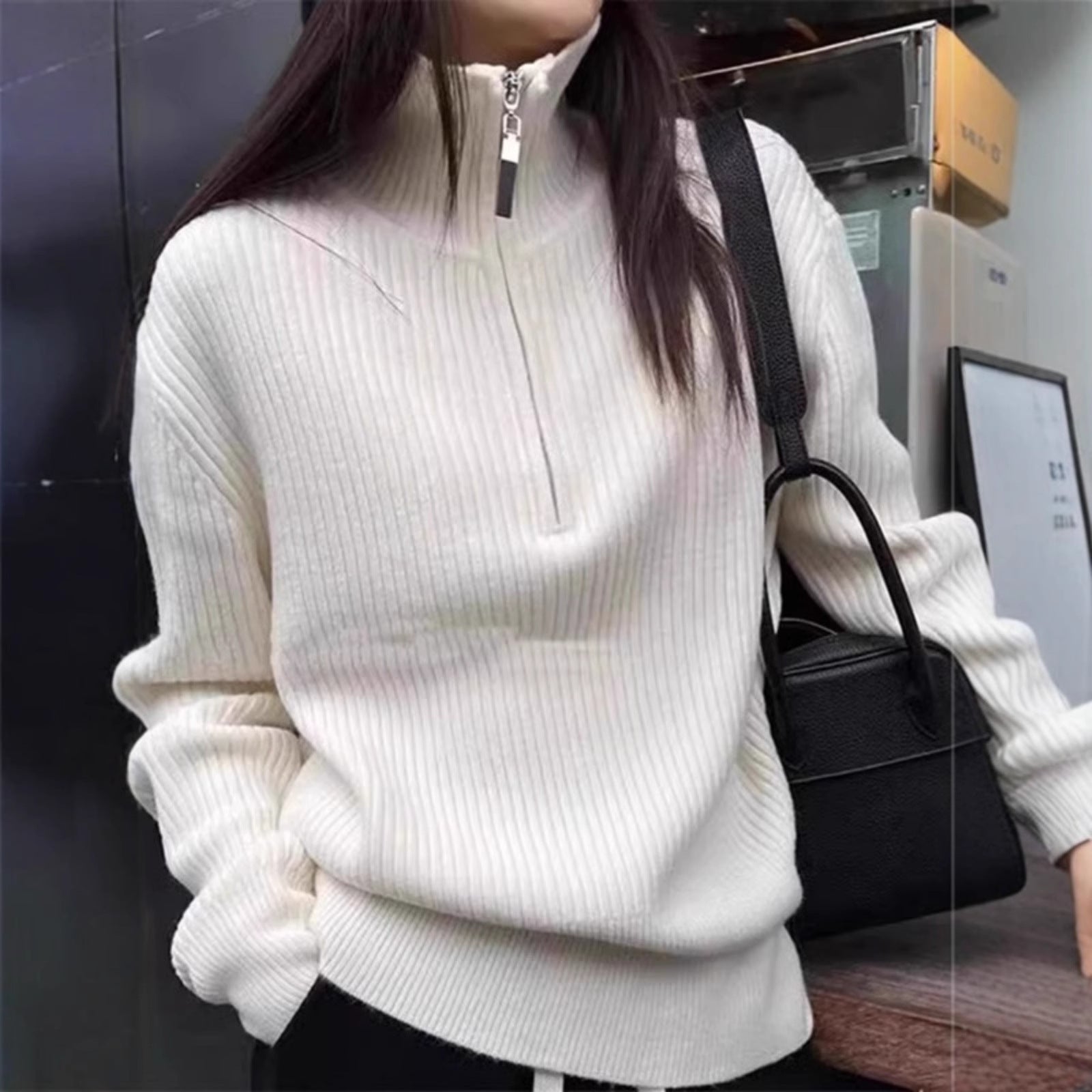 Half zip high neck sweater for women in autumn and winter