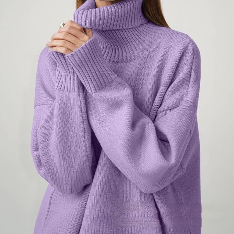 Versatile solid color high neck pullover sweater