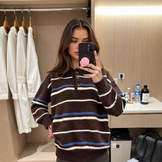 maglione donna a righe con collo polo